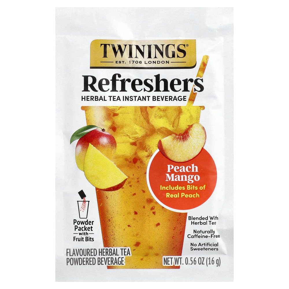 Twinings, Refreshers, растворимый напиток на основе травяного чая, персик и манго, без кофеина, 5 пакетиков по 16 г (0,56 унции)