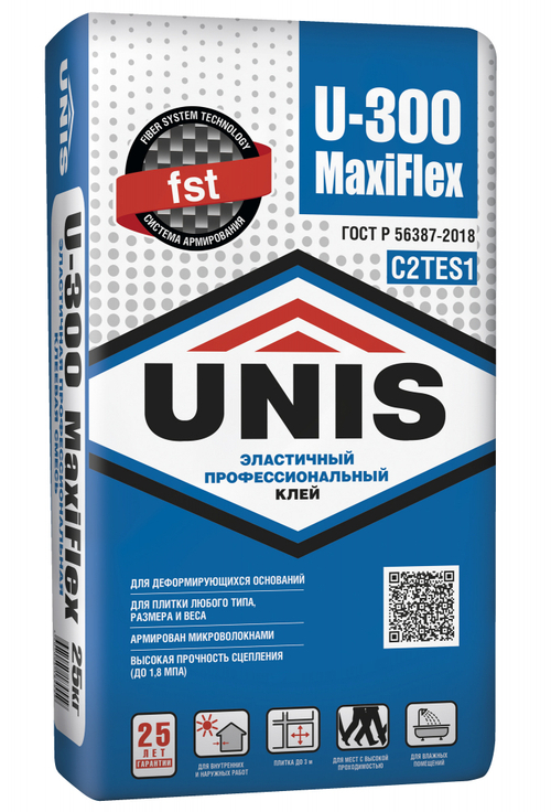 Клей UNIS U-300 MAXIFLEX С2ТЕS1 эластичный для керамогранита макси формата 25 кг