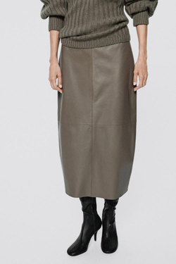 Massimo Dutti Кожаная юбка-карандаш миди - Limited Edition, коричневый
