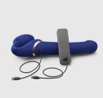 Синий безремневой страпон Multi Orgasm Bendable Strap-On size L с клиторальной стимуляцией (Цвет: синий)