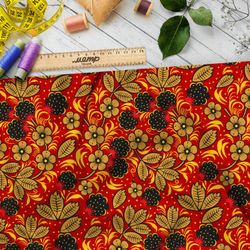 Ткань шифон хохлома с цветами и ягодами на красном ковре