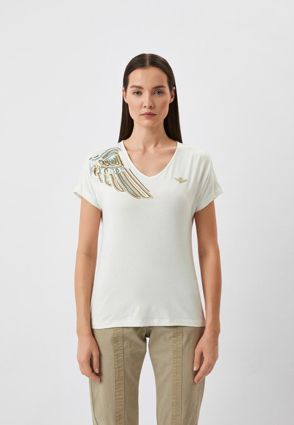 Футболка жен. AERONAUTICA 2110 беж.плече паетки вырез V