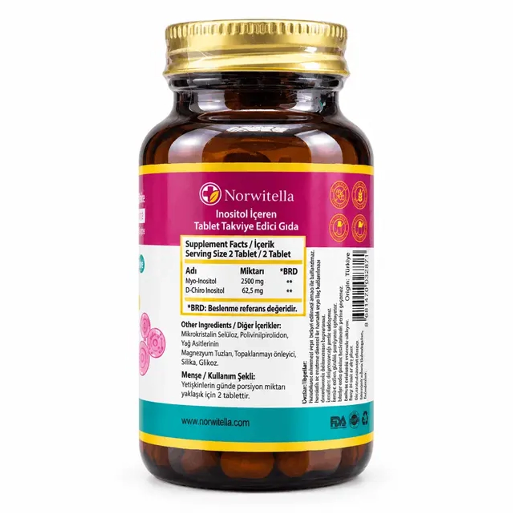 Norwitella, Myo + D-Chiro Inositol 2500 mg, 60 tabl 40;1 | Мио + Д - Хиро Иноситол 2500 мг соотношение 40:1, 60 таблеток