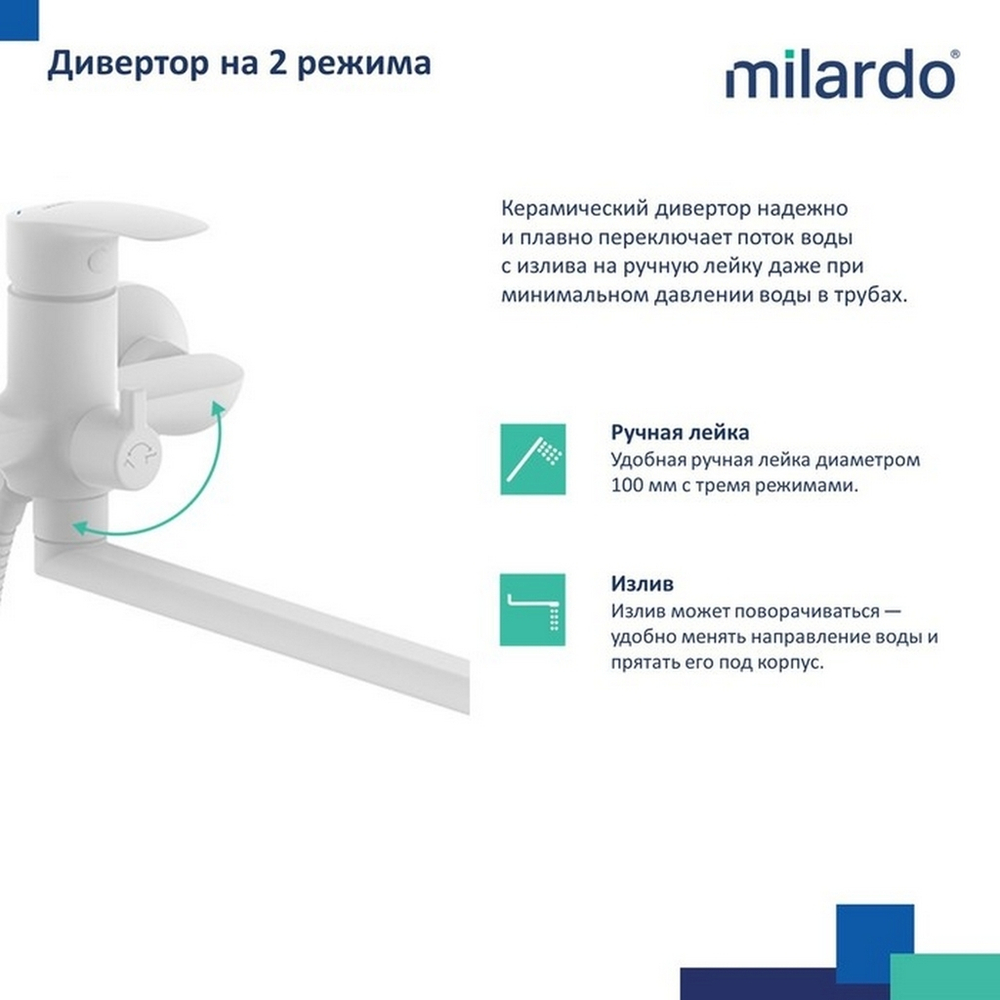 Смеситель для ванны и раковины 35к Milardo RORWT00M10 Рора (Rora) с душ. аксессуарами, БЕЛЫЙ матовый