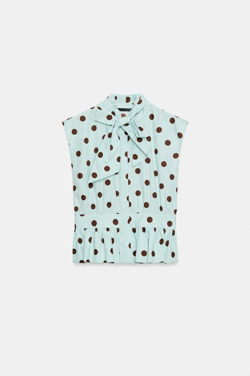 ZARA РУБАШКА В ГОРОШЕК С БАНТОМ И ПРОЙМОЙ, КОРИЧНЕВО-СИНИЙ