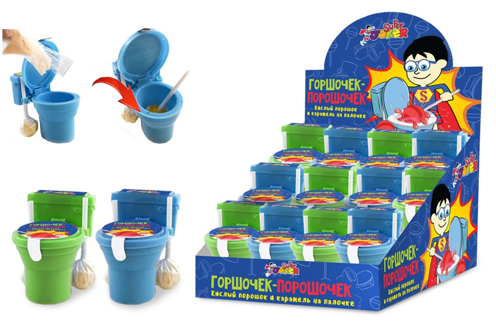 SUPER JOKER Горшочек-порошочек, кислый порошок и карам. на палоч. 2шт,блок 24 шт.(15г х 24шт х 12бл)