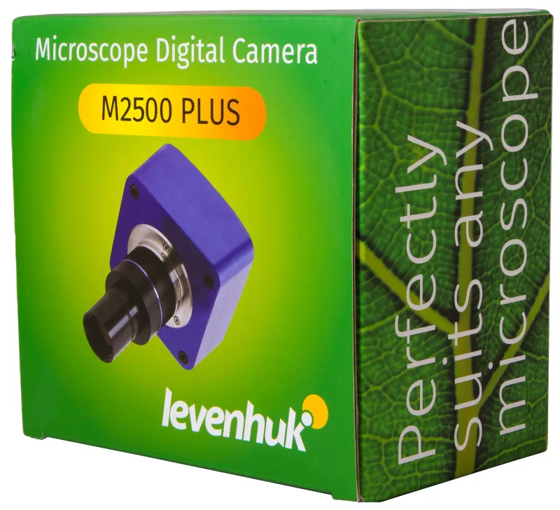 Упаковка камеры цифровой Levenhuk M2500 PLUS с изображением на зеленом фоне