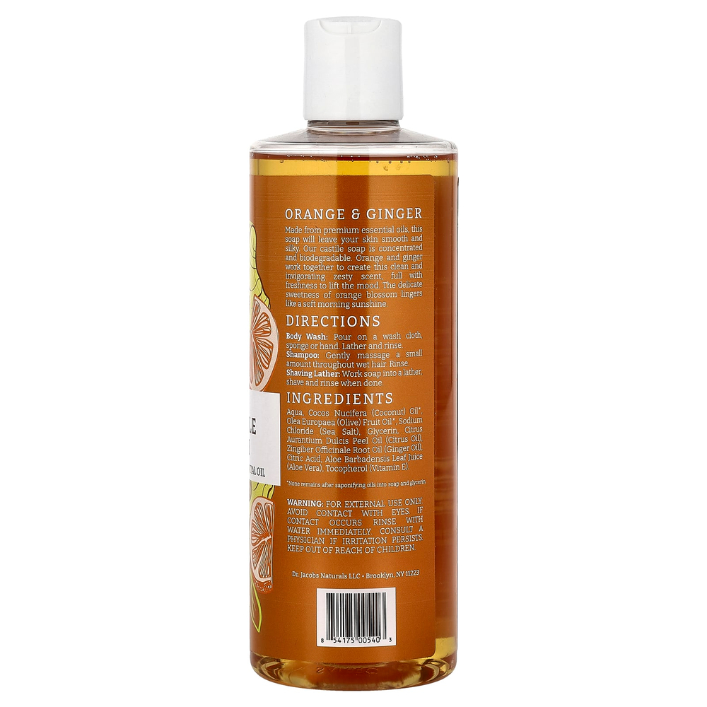 Dr. Jacobs Naturals, кастильский гель для душа на растительной основе, эфирное масло апельсина и имбиря, 473 мл (16 унций)