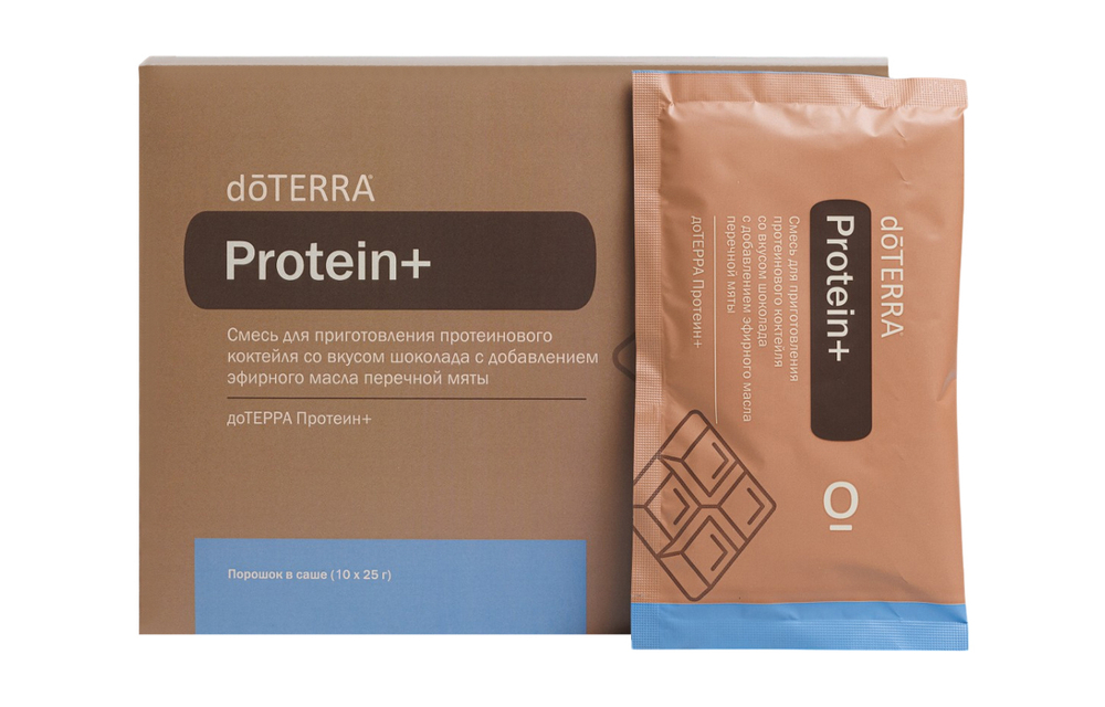 Протеин dōTERRA Protein+ со вкусом шоколада с добавлением эфирного масла перечной мяты, 20x25 г
