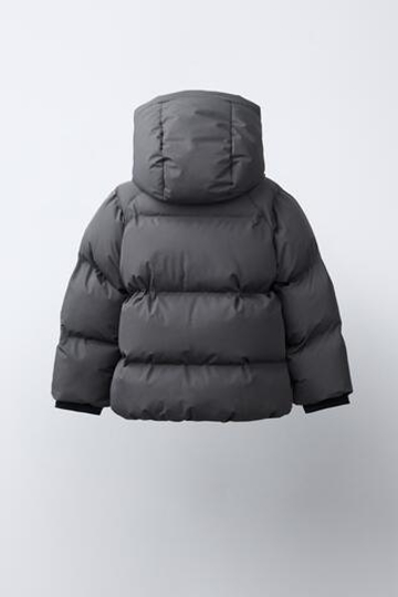 ZARA СТЕГАНОЕ ПАЛЬТО WATER REPELLENT С КАПЮШОНОМ, АНТРАЦИТОВО-СЕРЫЙ