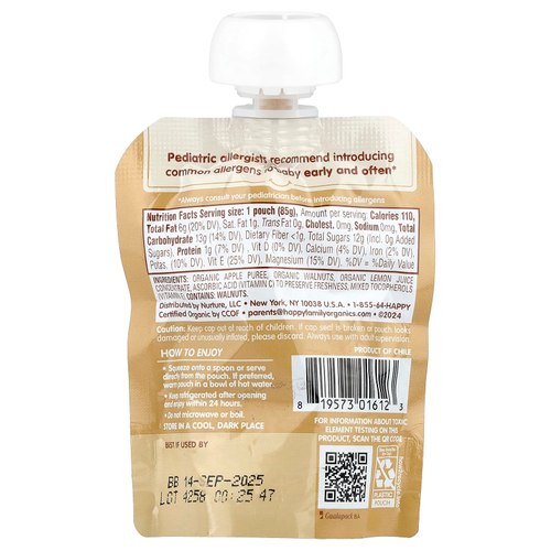 Happy Family Organics, Happy Baby®, Nutty Blends ™, для детей от 6 месяцев, органические яблоки с 1 ч. Л. Орехового масла, 85 г (3 унции)