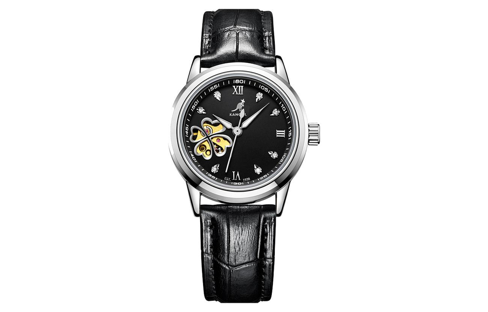 KANGOL Automatic Mechanical Movement Genuine Leather Strap Watch Women"s Watch Black Dial KANGOL K115