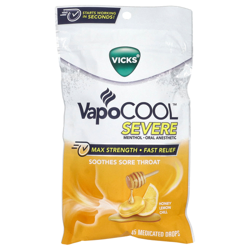 Vicks, VapoCool ™, Severe, Max Strength, мед и лимон для охлаждения, 45 лечебных капель