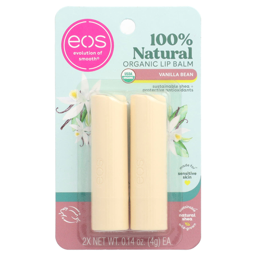 EOS, 100% натуральный органический бальзам для губ, ваниль, 2 шт. в упаковке, 4 г (0,14 унции)