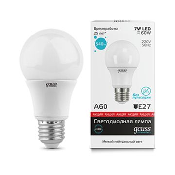 Лампа Gauss LED Elementary A60 7W E27 4100K матовое стекло 23227А