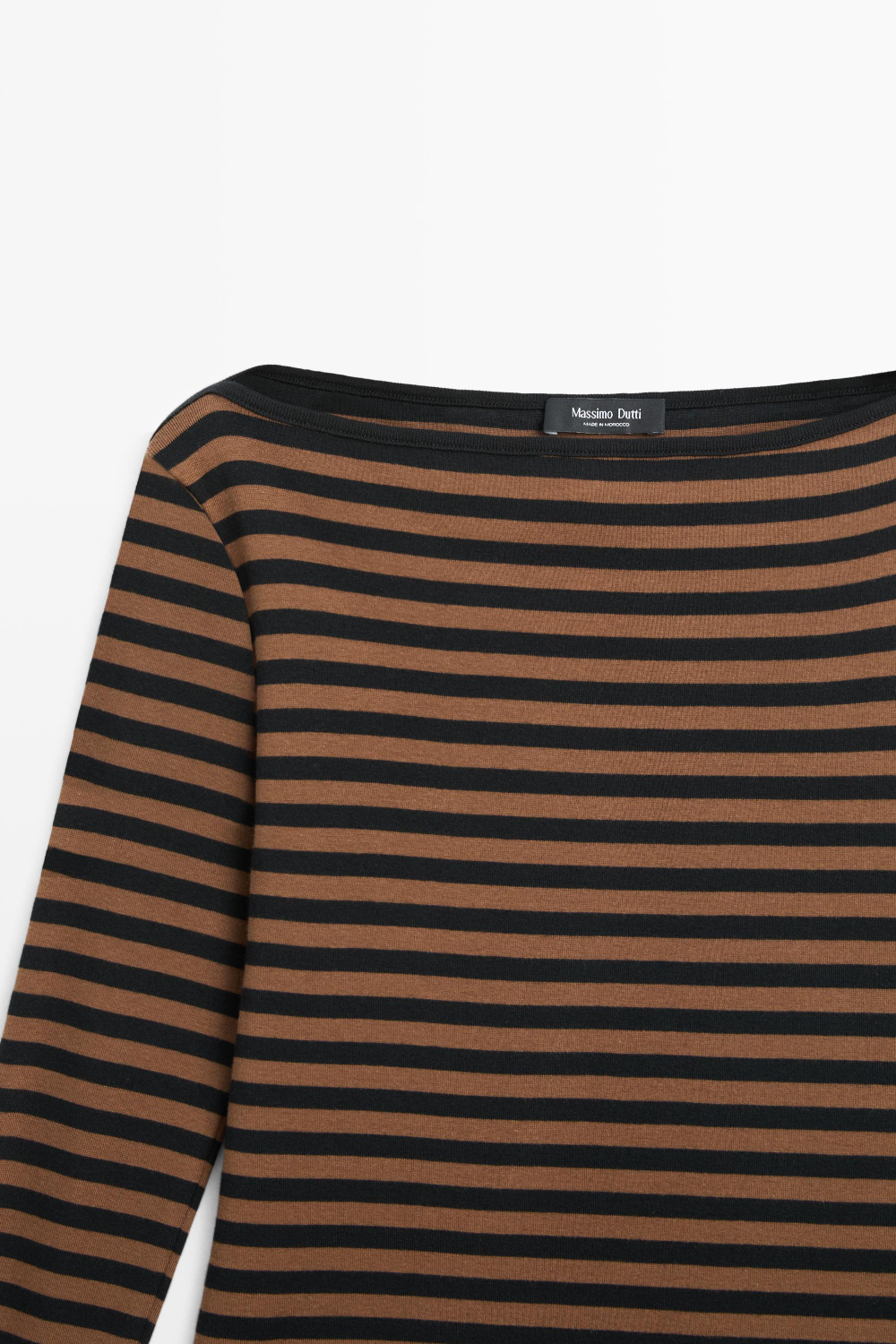 Massimo Dutti Футболка из 100% хлопка в полоску с вырезом лодочкой, кротово-коричневый
