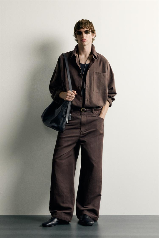 ZARA БРЮКИ RELAXED FIT ИЗ ХЛОПКА И ЛЬНА, ШОКОЛАДНЫЙ