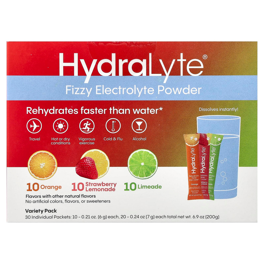 Hydralyte, шипучий электролитный порошок, ассорти вкусов, апельсин, клубничный лимонад и лаймад, 30 отдельных пакетиков, 200 г (6,9 унции)