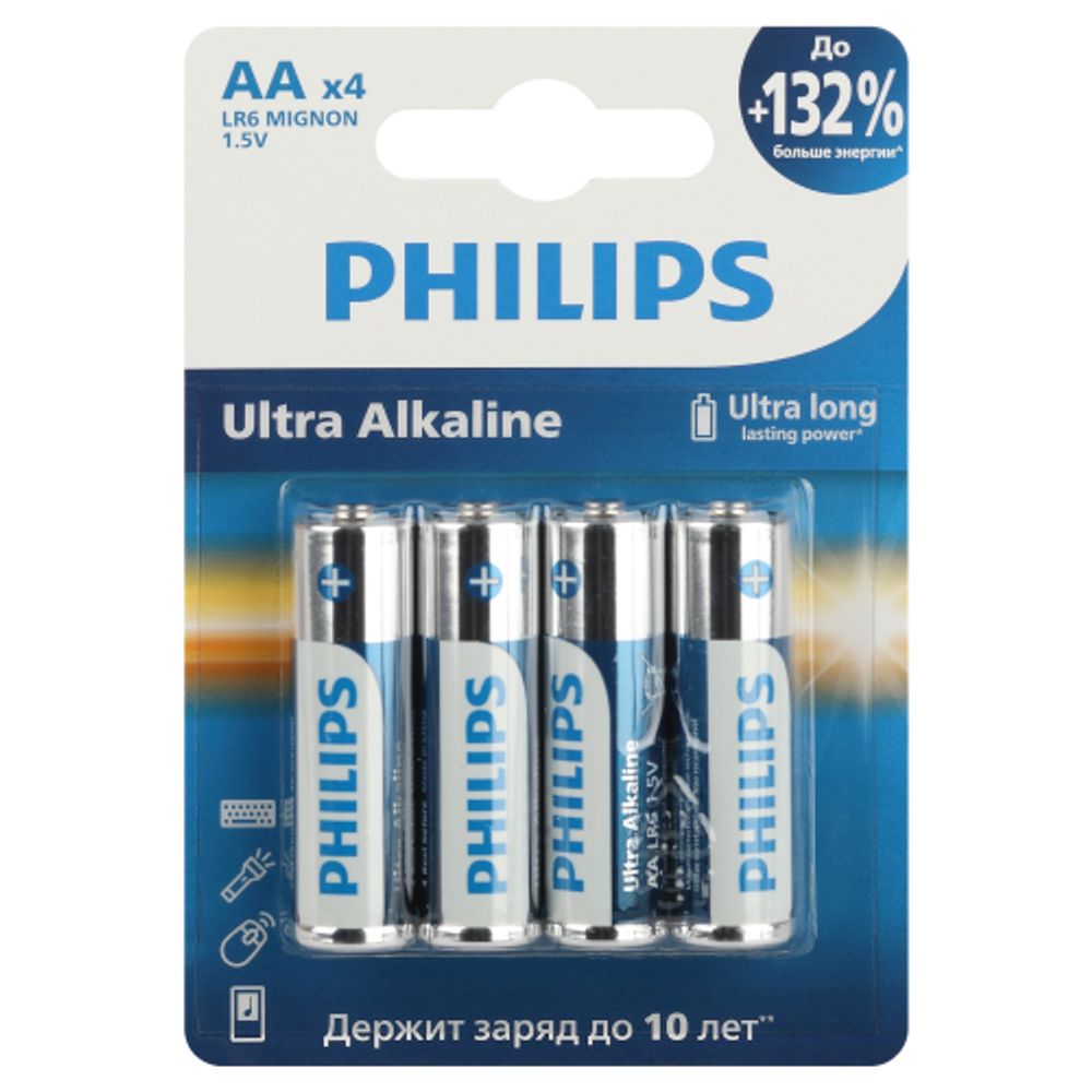 Батарейки Philips LR6E4B/51 АА алкалиновые 1,5v 4 шт. LR6-4BL Ultra (4/48/144/18432) | Батарейки Щелочные (Алкалиновые)