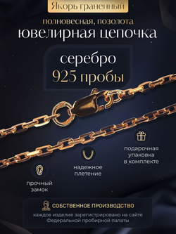 Цепочка на шею серебряная позолоченная 925 пробы, Silver Moon, якорное плетение, ширина 2 мм