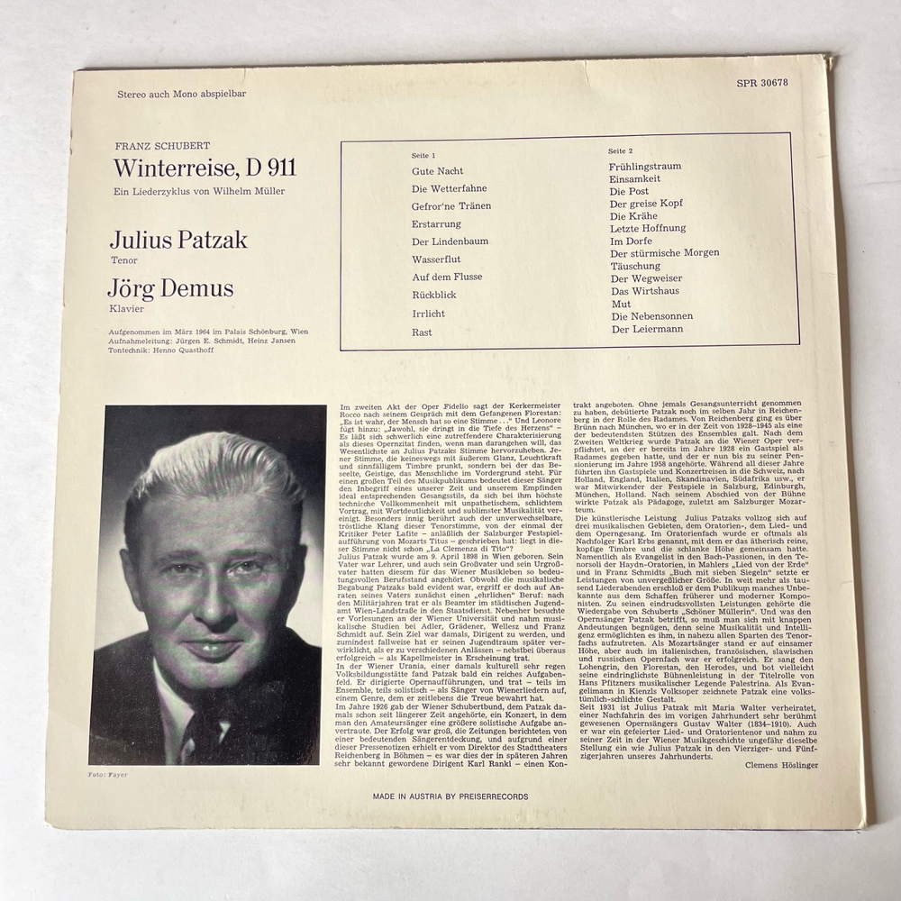 Винтажная виниловая пластинка LP Franz Schubert Франц Шуберт, Julius Patzak, Jorg Demus, Winterreise (Австрия 1977)