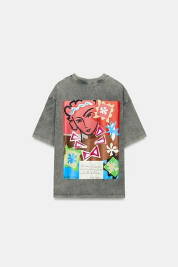 ZARA ФУТБОЛКА HENRI MATISSE С ЭФФЕКТОМ ПОТЕРТОСТИ, СЕРЫЙ