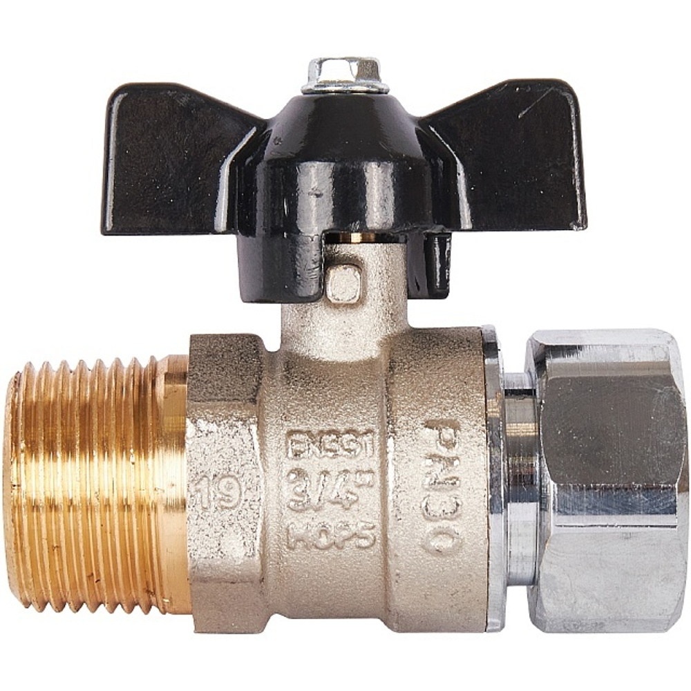 Кран шаровой с накидной гайкой STOUT 3/4"x3/4" НР/накидная гайка (бабочка)