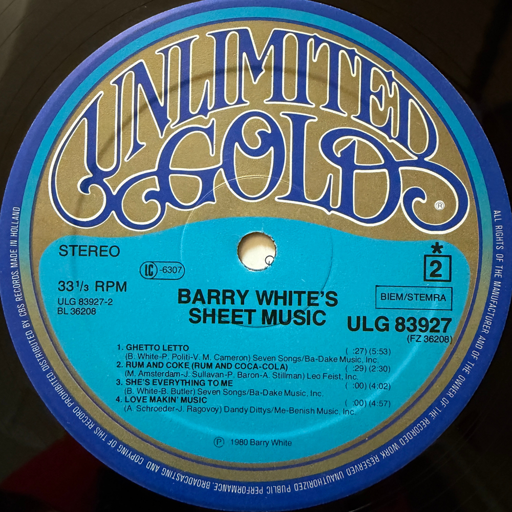 Barry White ‎– Barry White's Sheet Music (Голландия 1980г.)