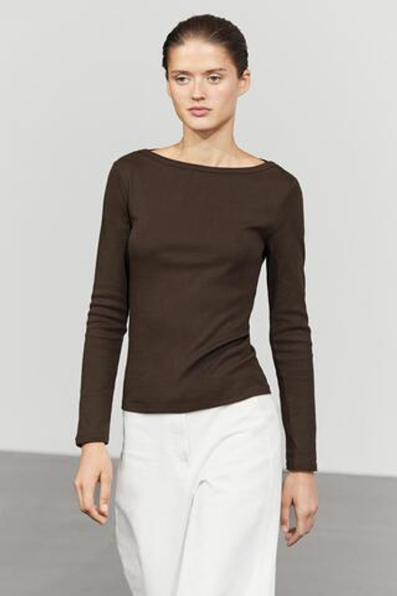 Massimo Dutti Футболка с длинными рукавами и вырезом лодочкой, коричневый