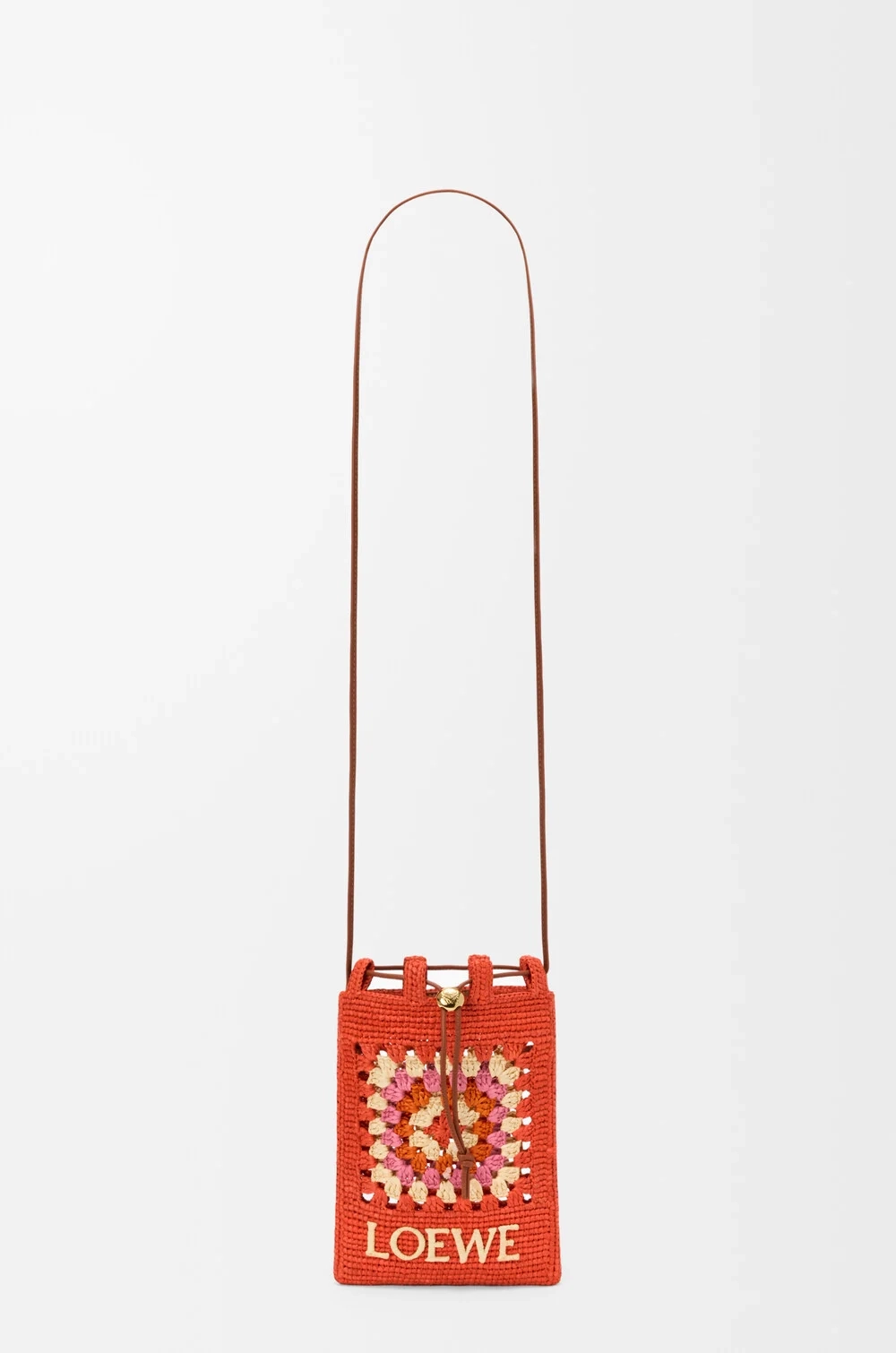 Loewe Сумка-мешок Patch Crochet на шнурке из телячьей кожи и рафии, ярко-оранжевый/розовый