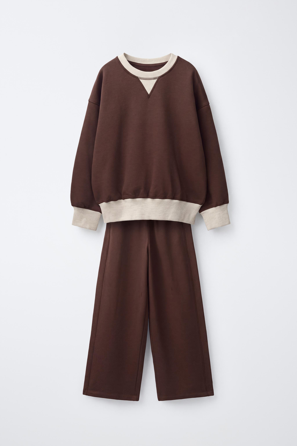 ZARA КОМПЛЕКТ ИЗ ТОЛСТОВКИ И БРЮК WIDE LEG В СТИЛЕ COLOR BLOCK, КОРИЧНЕВЫЙ
