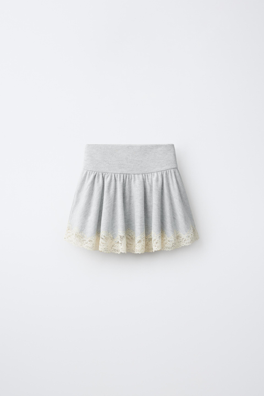 ZARA ЮБКА ИЗ МЯГКОЙ ТКАНИ С КРУЖЕВОМ, СЕРЫЙ МЕЛАНЖ