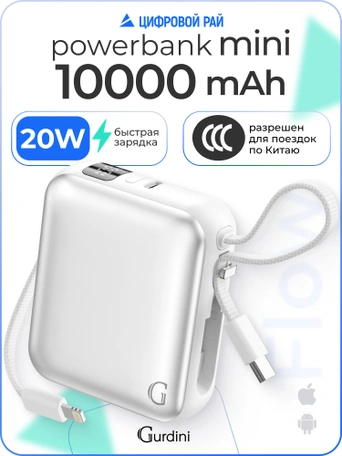 Внешний аккумулятор Gurdini Flow Power (CCC) 10000 mAh 20W ( built-in cables) USB-C/Lightning Silver