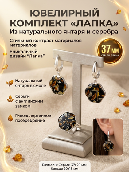 Комплект украшений с янтарём лапка пеструха черная