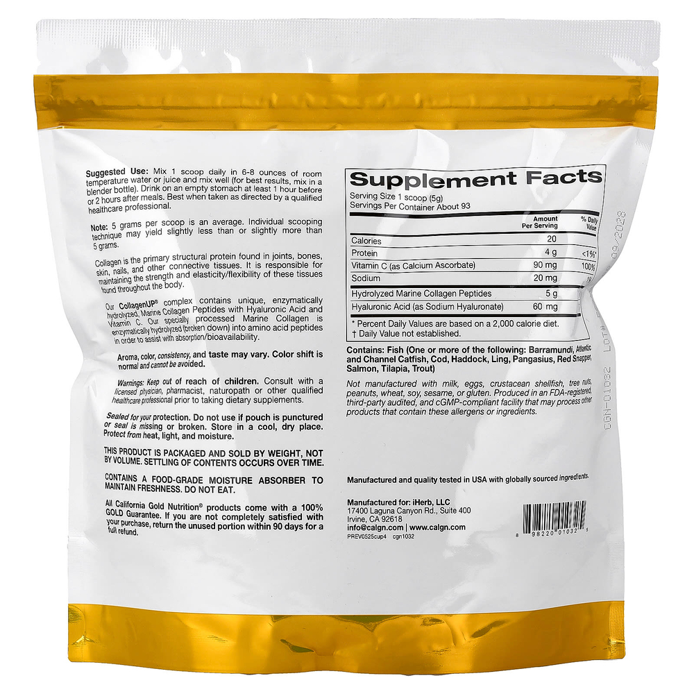 California Gold Nutrition, CollagenUP®, гидролизованные пептиды морского коллагена с гиалуроновой кислотой и витамином C, с нейтральным вкусом, 464 г
