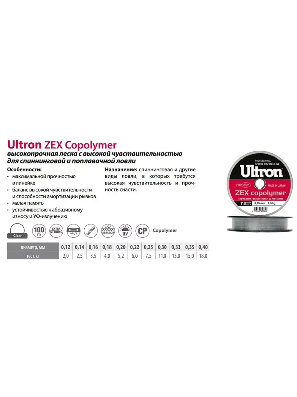 Монофильная леска рыболовная Zex Copolymer 0,22 мм, 6,0 кг