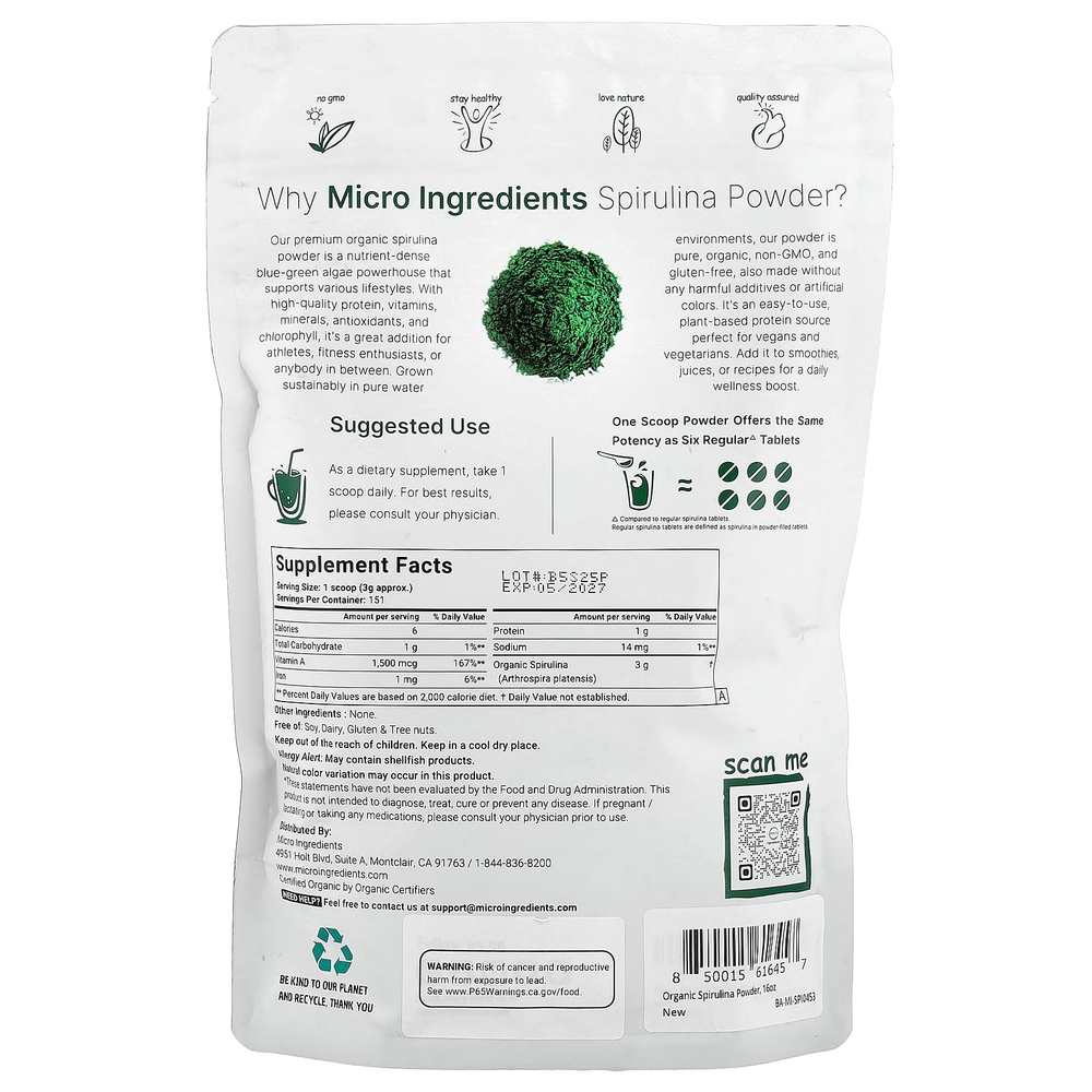 Micro Ingredients, Органическая спирулина в порошке, 454 г (1 фунт)