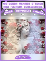 3D Фотообои в стиле барельеф "Девушка и алые, красные цветы" вправо