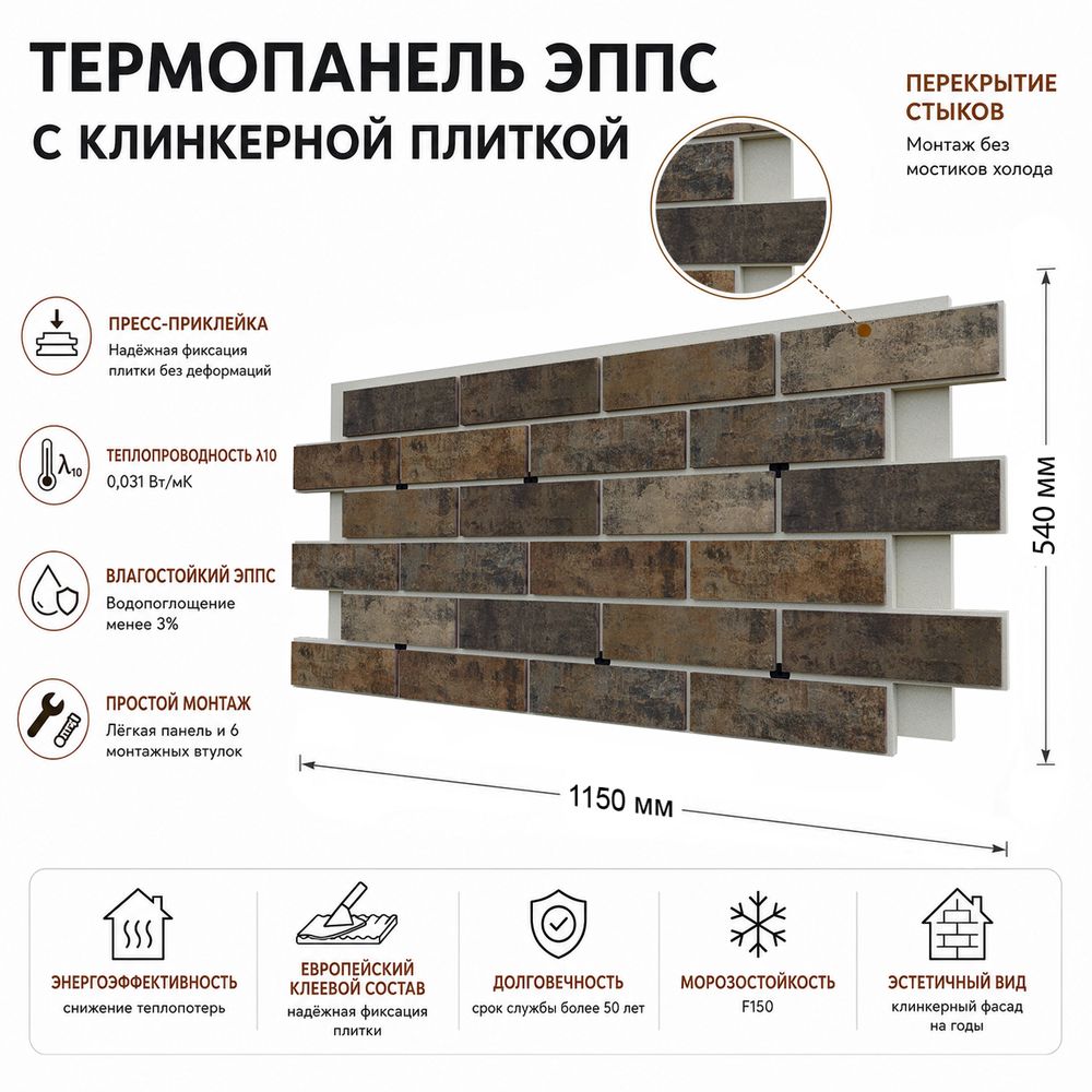 Клинкерная фасадная термопанель ЭППС Береза Керамика Брик Уолл Палевый 1150x540