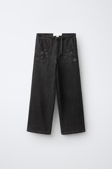 ZARA ДЖИНСЫ WIDE LEG С ЗАКЛЕПКАМИ, ЧЕРНЫЙ