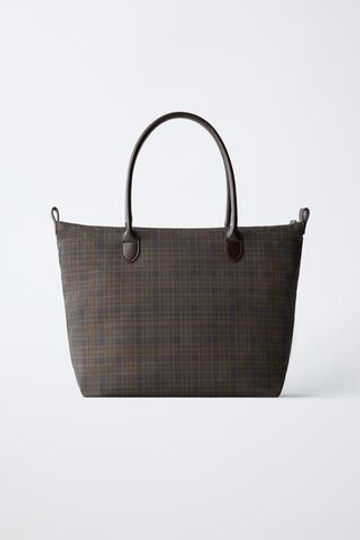 ZARA СУМКА-ШОПЕР В КЛЕТКУ, КОРИЧНЕВЫЙ