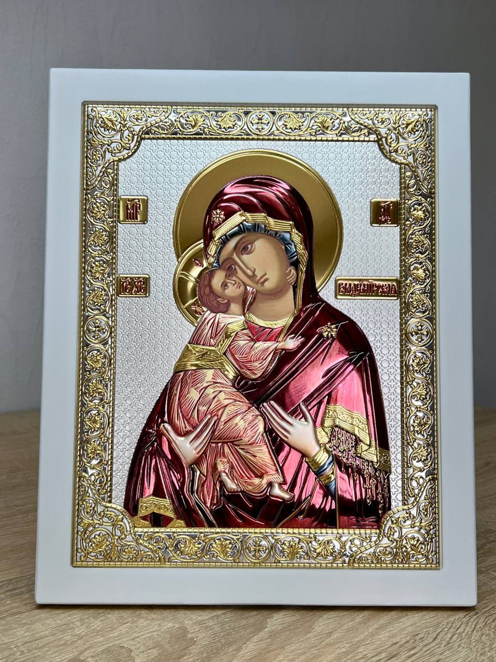 Владимирская БМ, икона прямоугольная с рамкой, белое дерево, эмаль 185х235