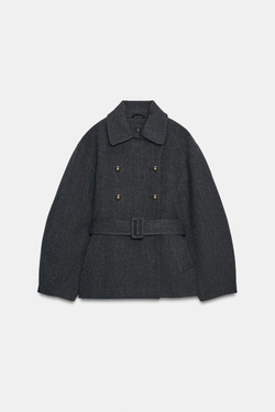 ZARA КОРОТКОЕ ПАЛЬТО ИЗ МЯГКОЙ ТКАНИ С ПОЯСОМ, СЕРЫЙ
