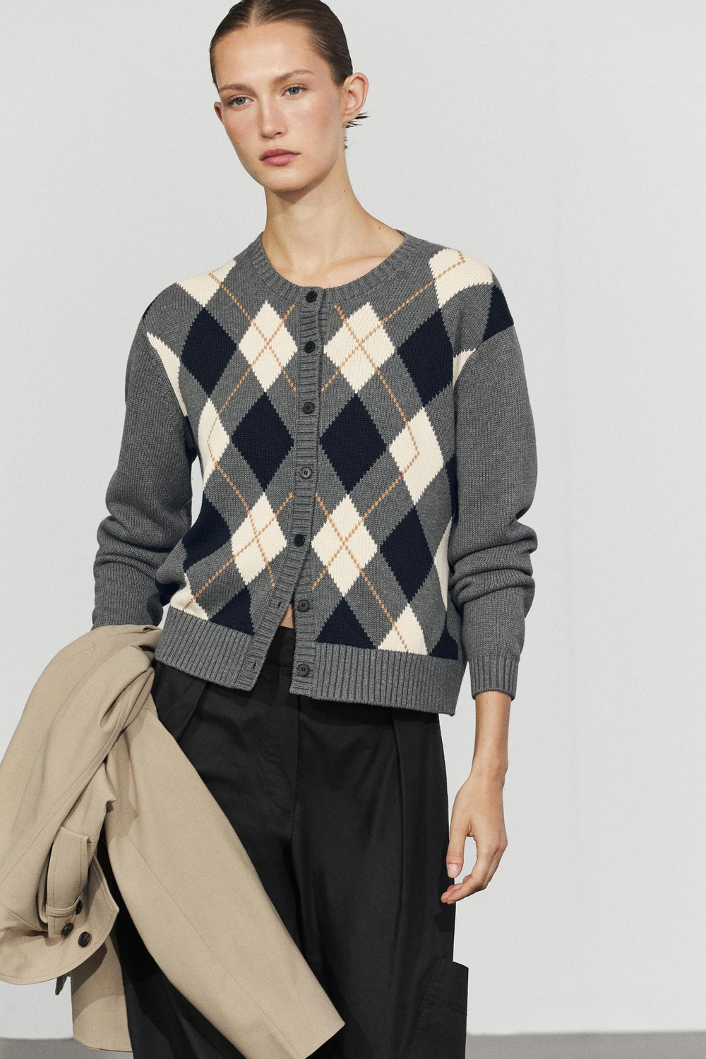 Massimo Dutti Хлопковый кардиган в ромбы, серый