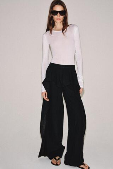 ZARA БРЮКИ С ОБОРКАМИ ИЗ 100% ЛЬНА — ZW COLLECTION, ЧЕРНЫЙ
