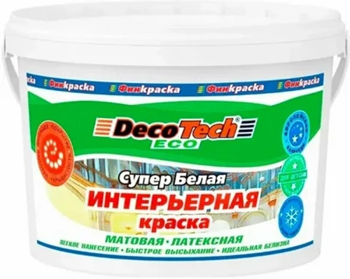 "Decotech"™ краска латексная ЕСО белая интерьерная для окраски стен и потолков в помещениях с умеренной влажностью, универсальная, матовая 3кг.