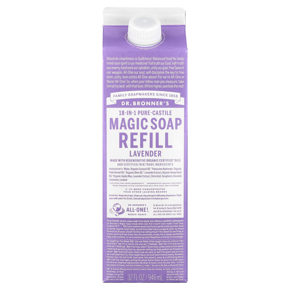 Dr. Bronner's, Pure-Castile Magic Soap, 18 в 1, сменная упаковка, лаванда, 946 мл (32 жидк. унции)