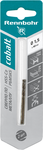 Сверло по металлу, ЦХ, 1,5х40мм, HSS-Co, Р6М5К5, 2шт/уп, RENNBOHR COBALT CARD