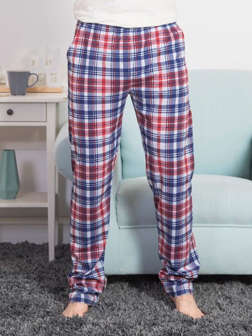 Домашние клетчатые брючки с карманами (Размер: XL) (Цвет: синий с красным)