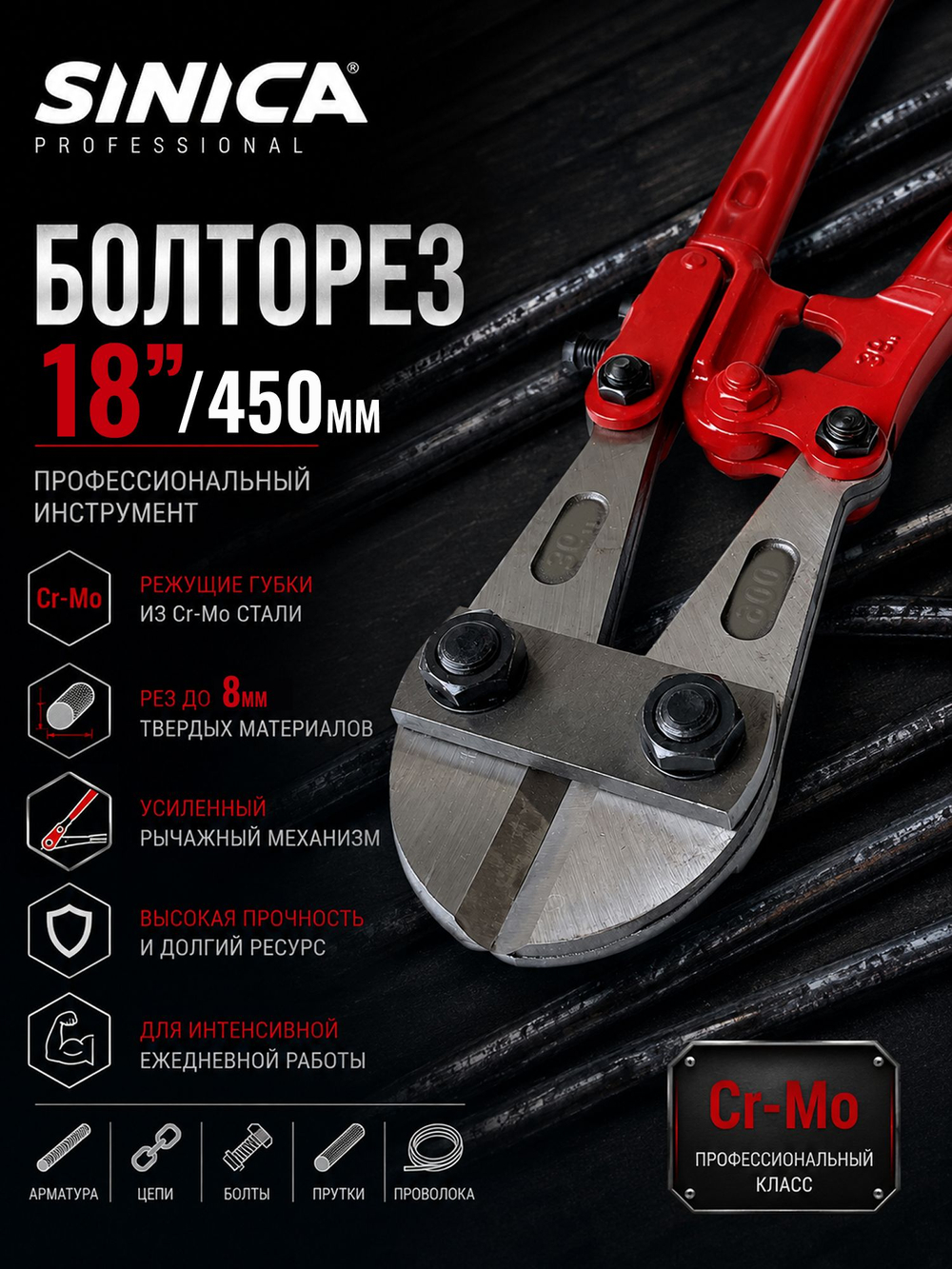 Болторез профессиональный SINICA 18" (450 мм) Cr-Mo, до 8 мм, для арматуры, проволоки, цепей, болтов и металла
